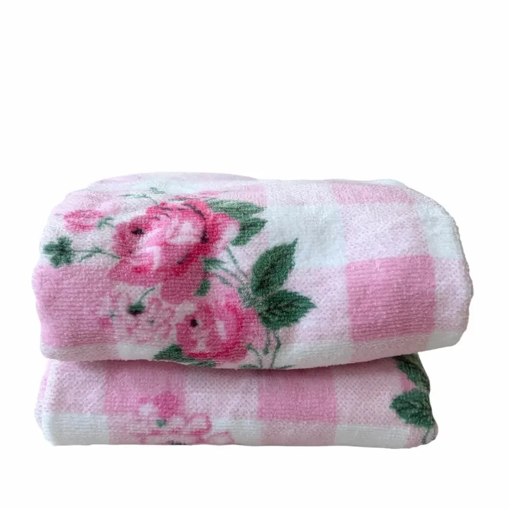 2pc Betsy Johnson Pink Gingham Floral Hand Towels 100% Cotton 16x26 NEW